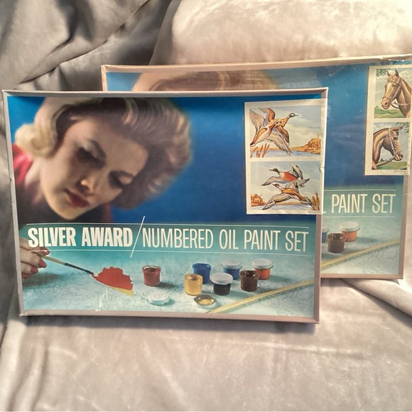 Two Vintage Silver Award Paint by Number. Numbered oil paint sets. 1960’s - Picture 2 of 12